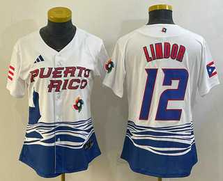 Womens Puerto Rico Baseball #12 Francisco Lindor 2023 White World Classic Stitched Jerseys